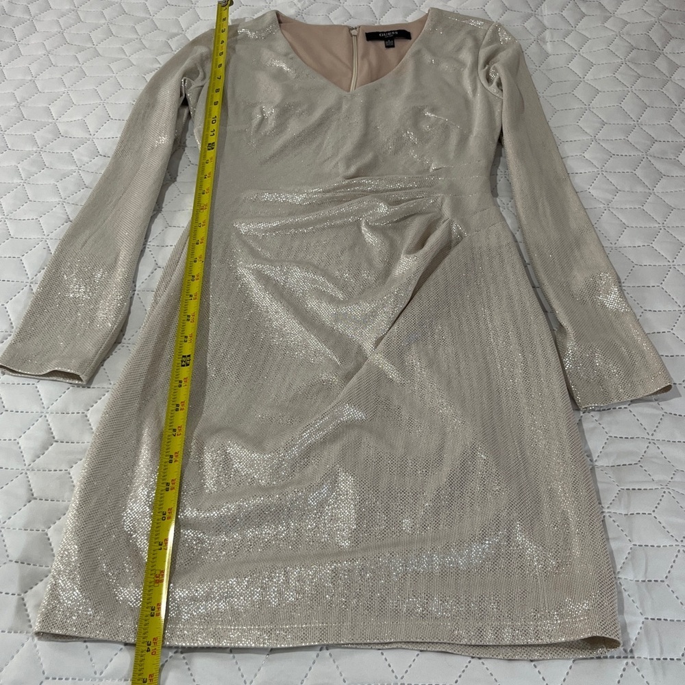 Guess Tan Beige Silver Metallic Shimmer Long Sleeve Side Ruching Party Dress - Picture 11 of 12